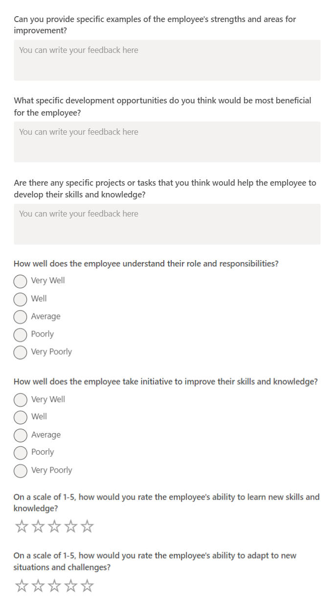 teamflect employee developmental feedback template with questions