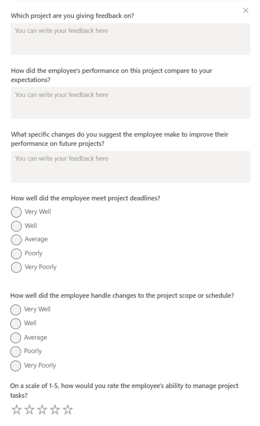 teamflect project based feedback template with questions