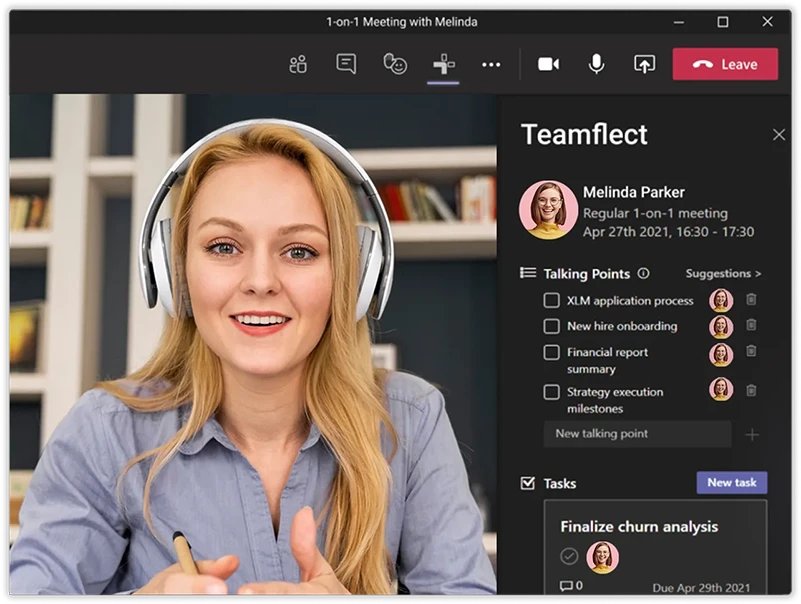 Teamflect app with tasks and talking points in Microsoft Teams 1-on-1 meeting screen