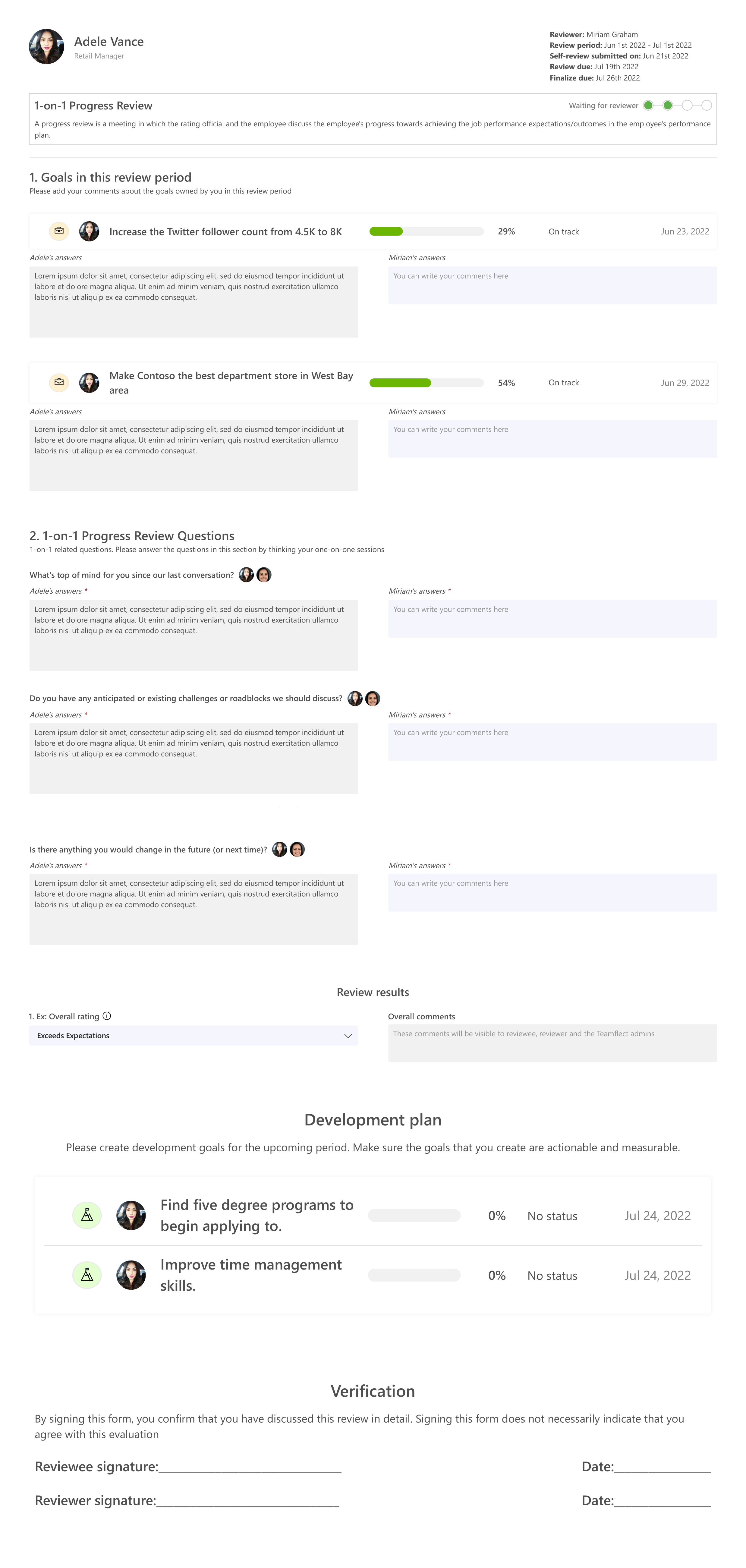 Teamflect 1-on-1 progress review template in Microsoft Teams