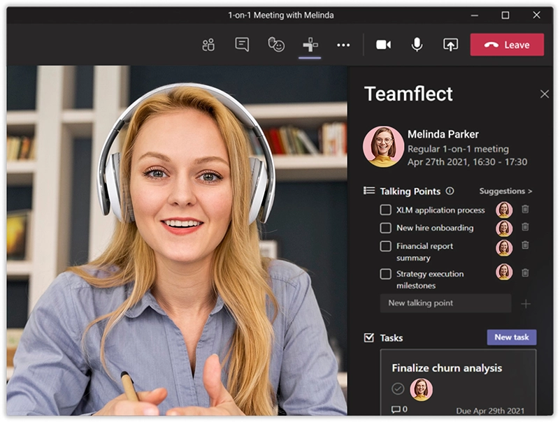 Teamflect app with tasks and talking points in Microsoft Teams 1-on-1 meeting screen