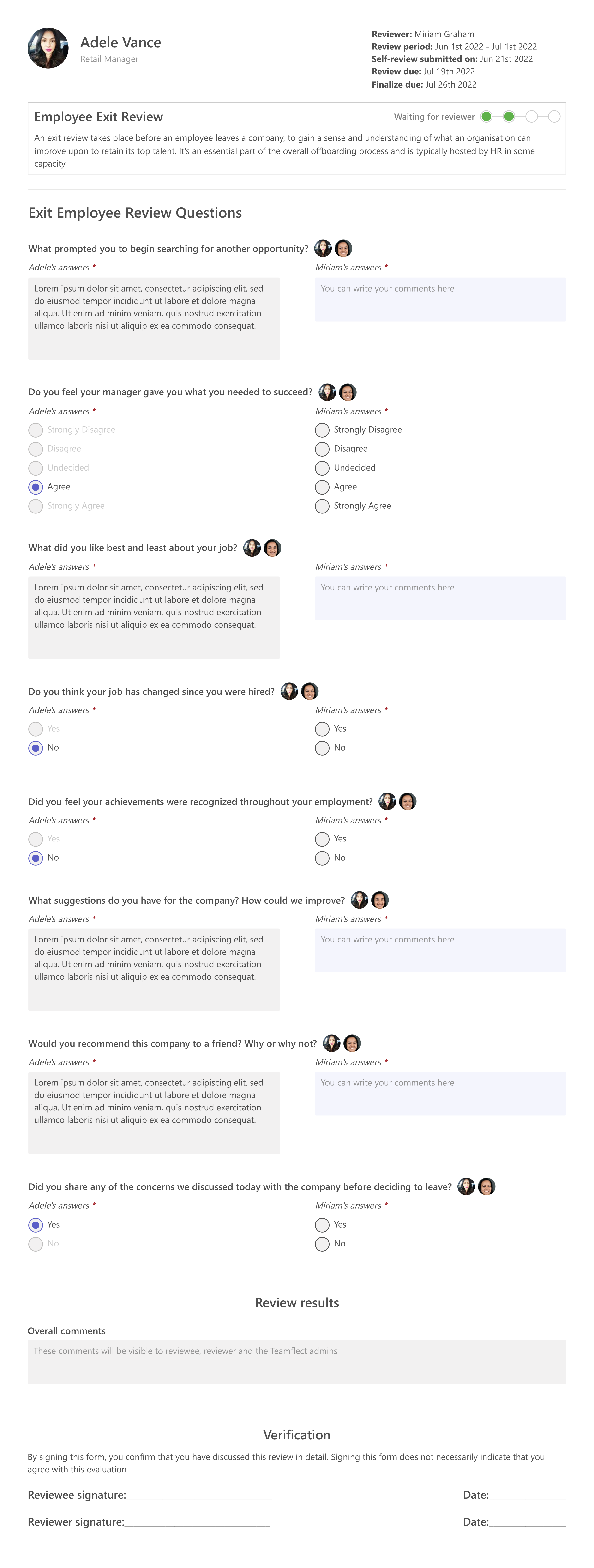Teamflect employee exit review template in Microsoft Teams