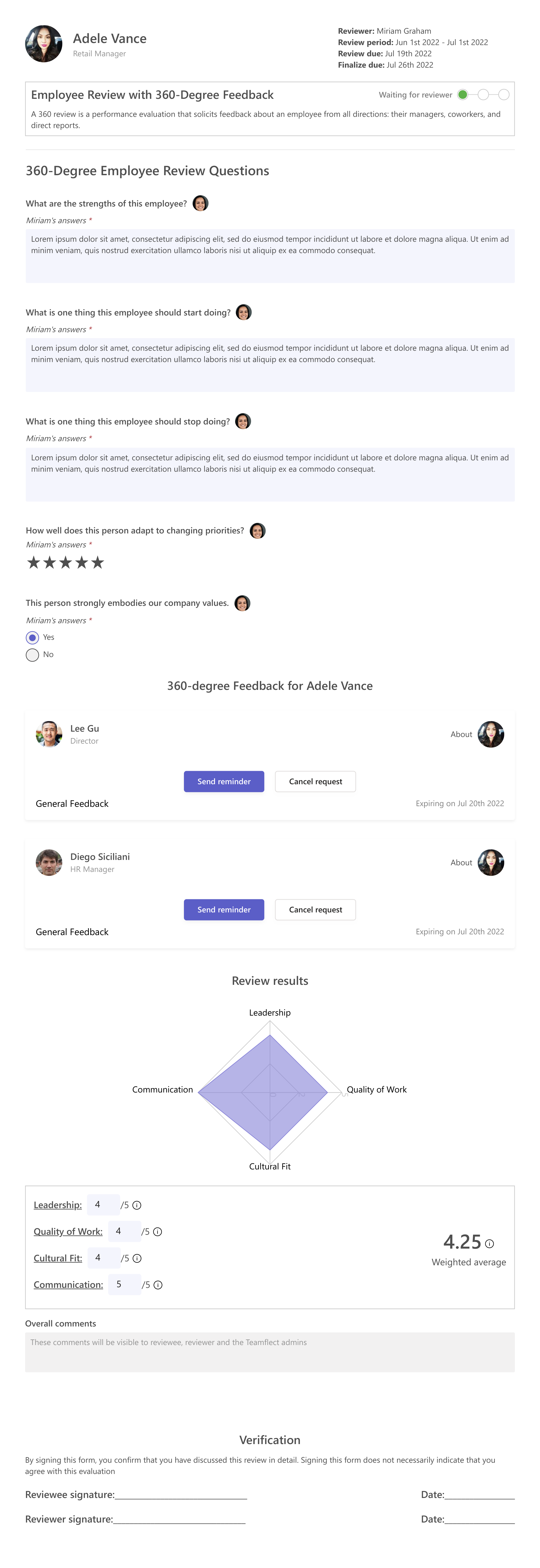 Teamflect employee review with 360-degree feedback template in Microsoft Teams