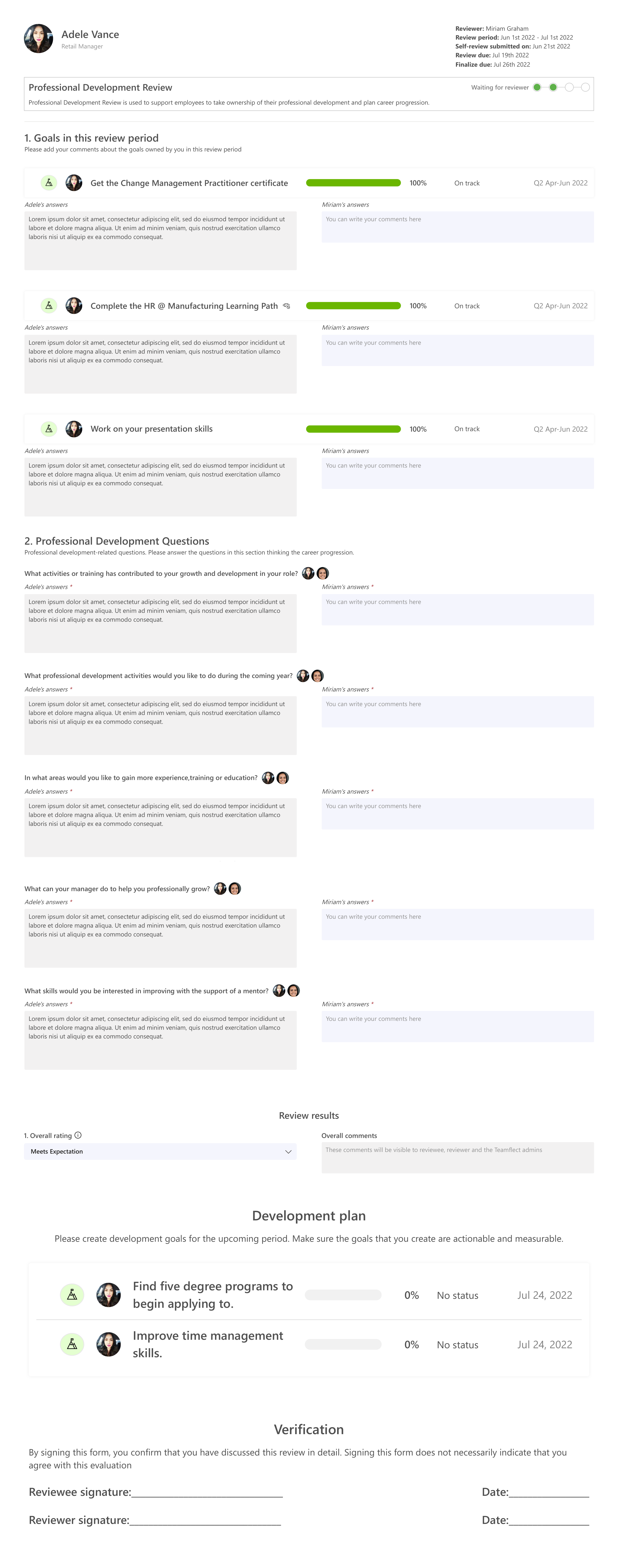 Teamflect projessional development review template in Microsoft Teams
