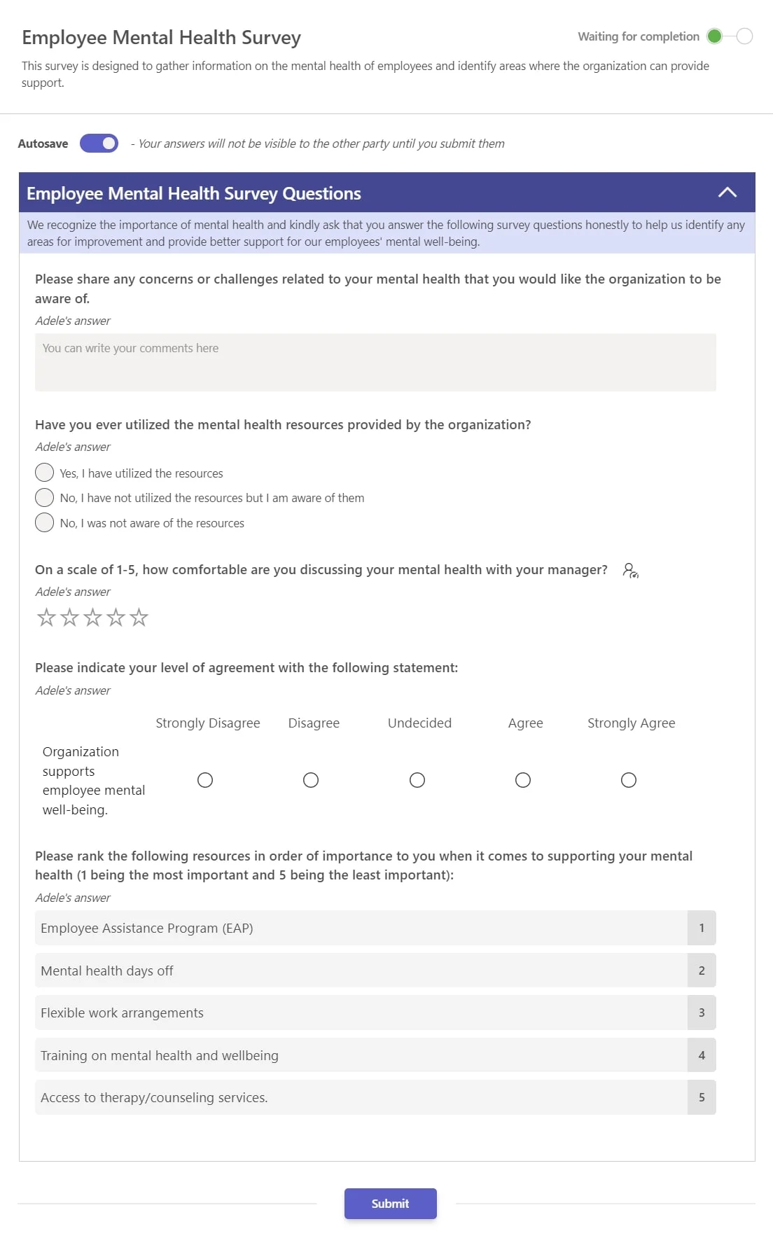 teamflect employee mental health survey template with questions