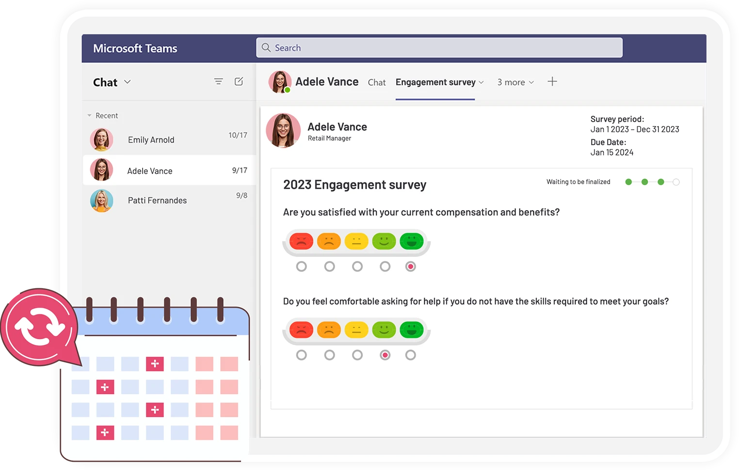 Onboarding software for small businesses: Teamflect engagement survey in microsoft teams with a survey question and calendar icon