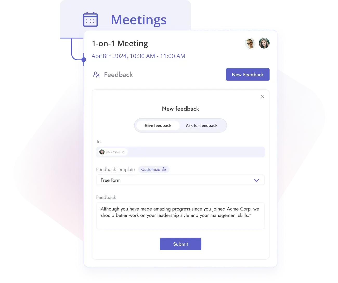 Teamflect one on one meeting page with talking points and feedback sections