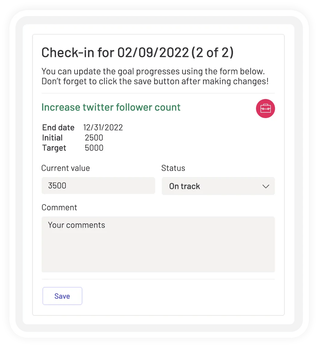 teamflect goal okr check-in form in Microsoft Teams