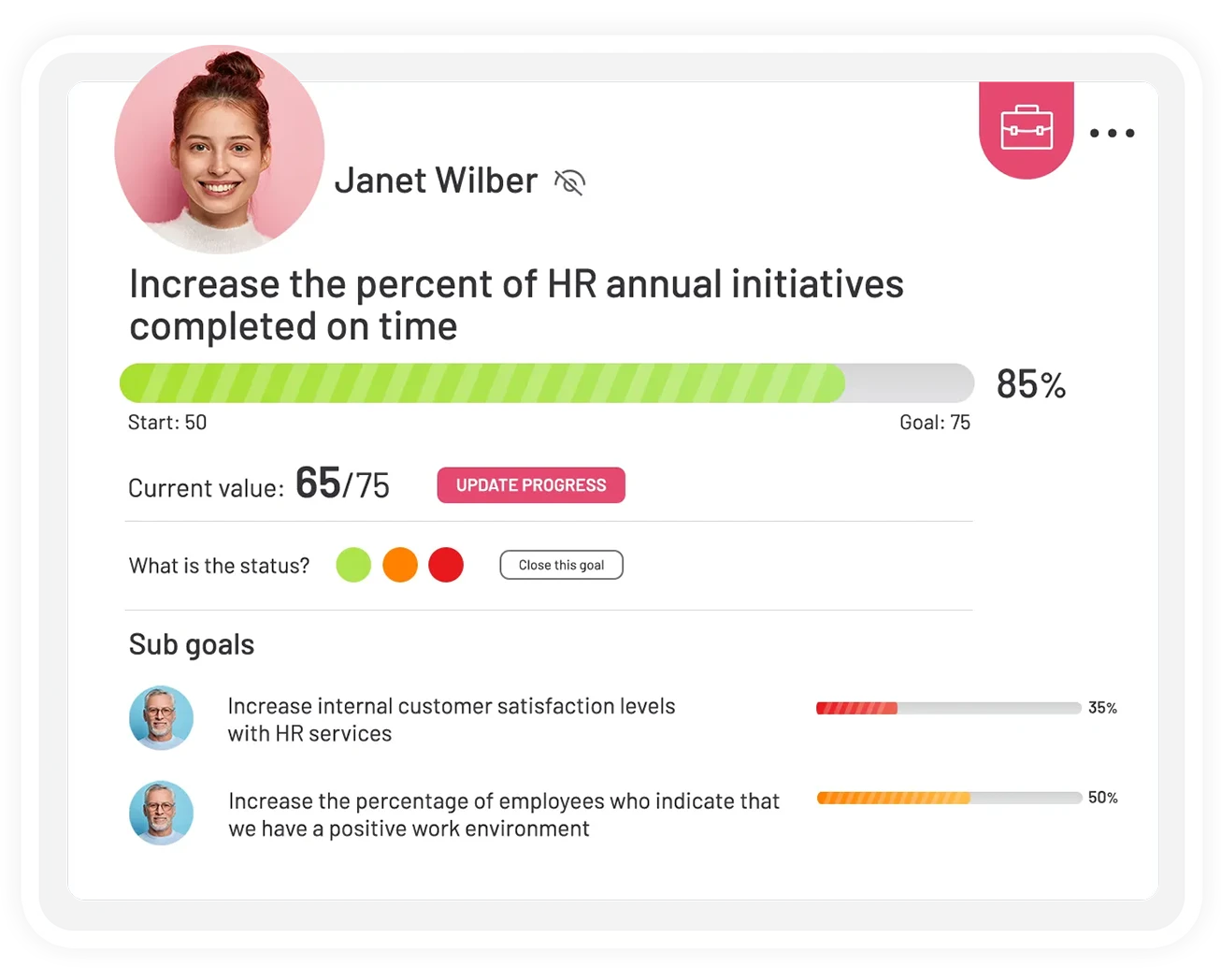 What To Look For In OKR Software: teamflect goal okr example with two subgoals and update progress buttons