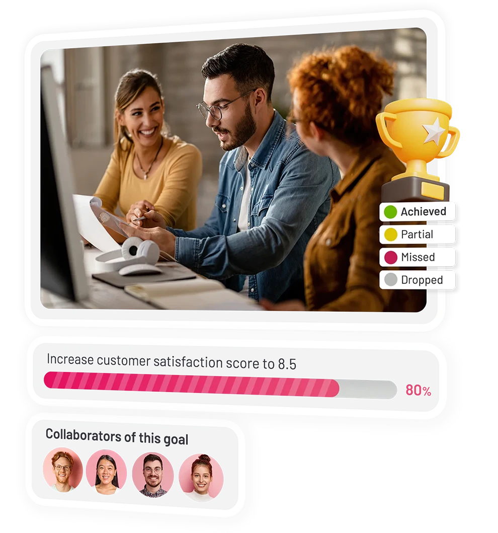 goal software screens showing goal example and progress buttons with two people smiling in the background