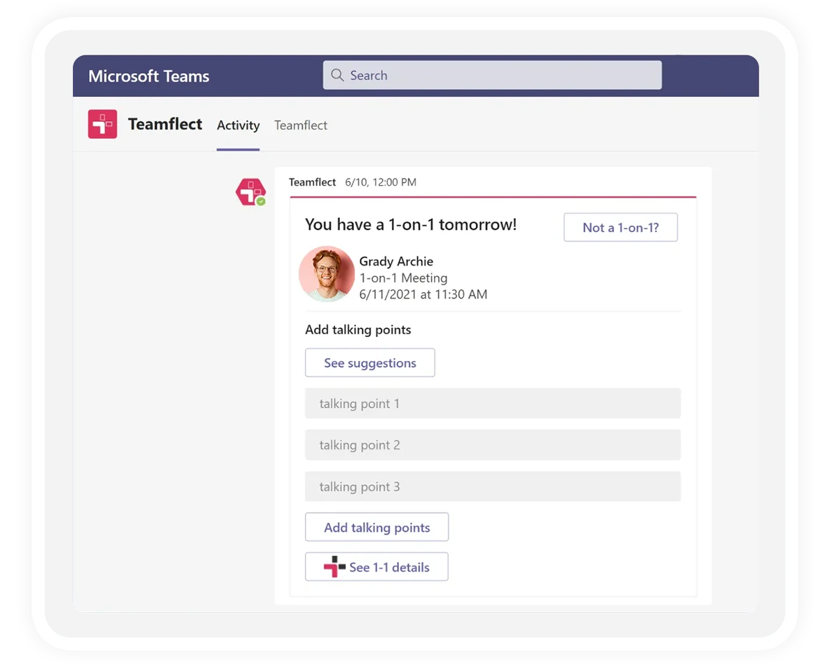 Teamflect one on one meeting reminder cards in Microsoft Teams chat