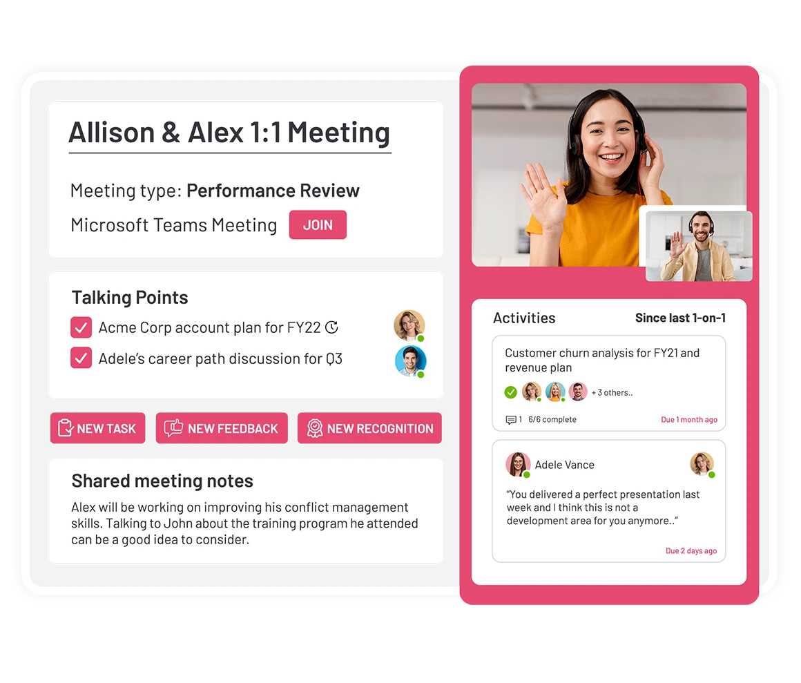 two people making one on one meeting with meeting page features