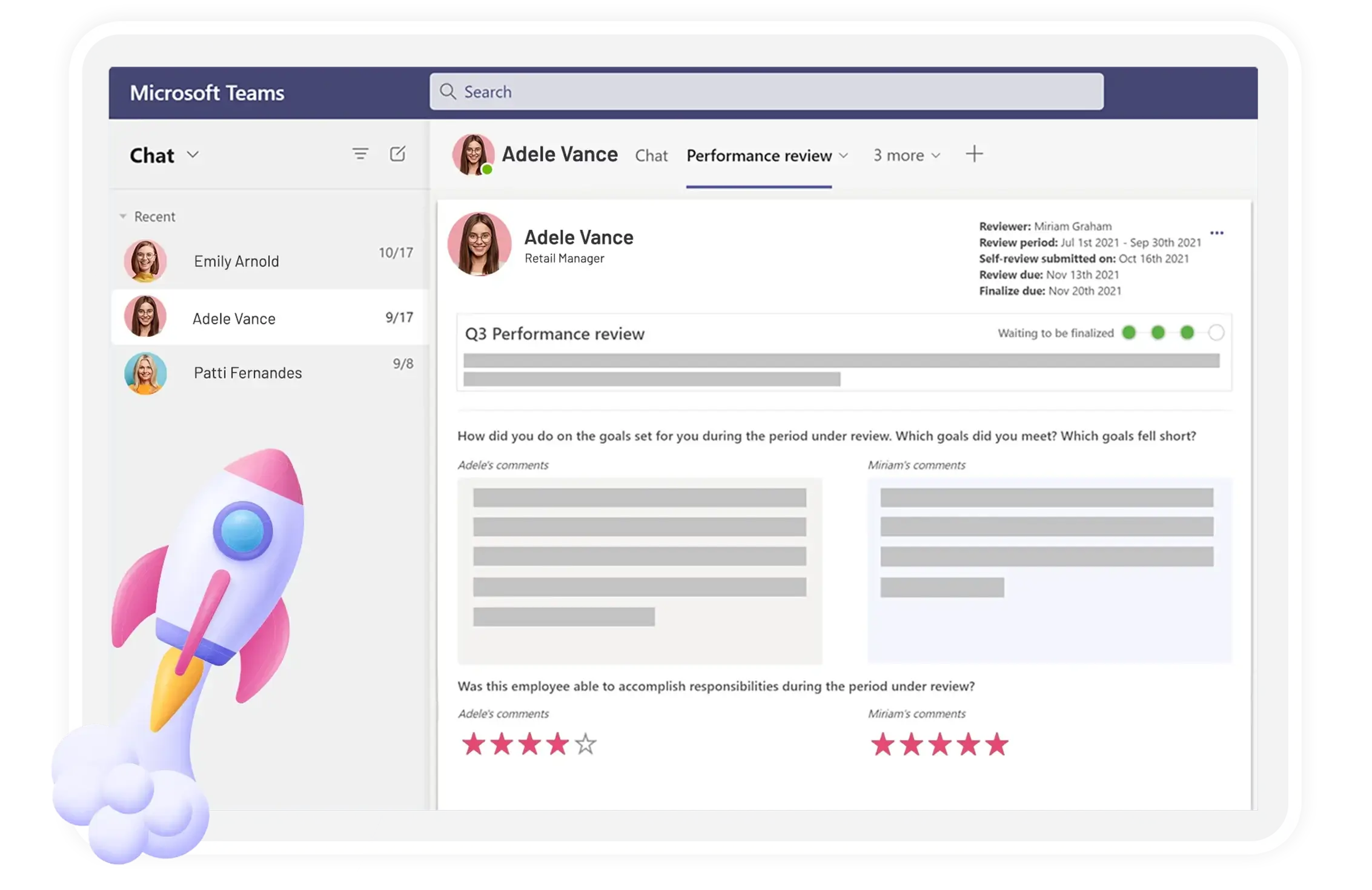 Teamflect performance reviews example with questions in microsoft teams