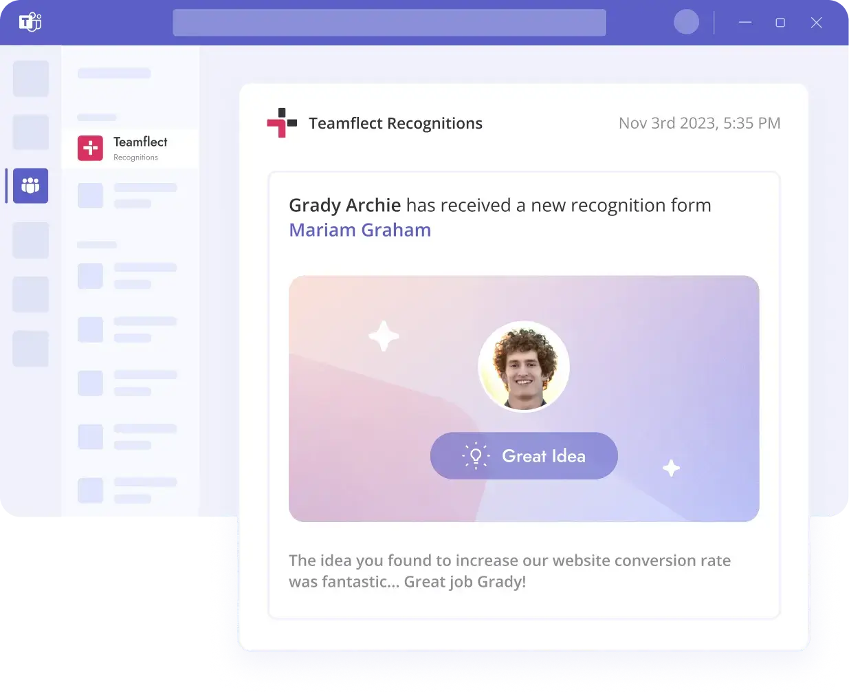  Teamflect recognition card in Microsoft Teams channels
