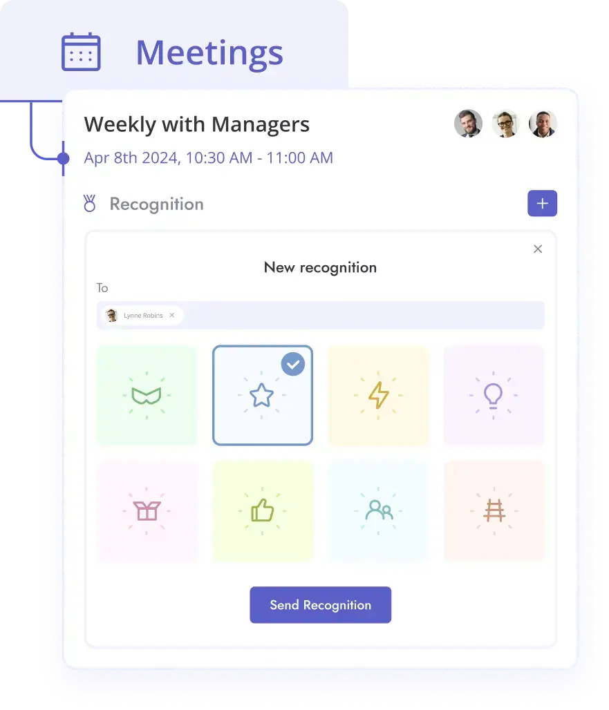 teamflect one on one meeting agenda with new recognition button