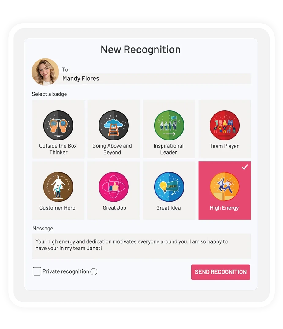 Teamflect new recognition screen with badges  