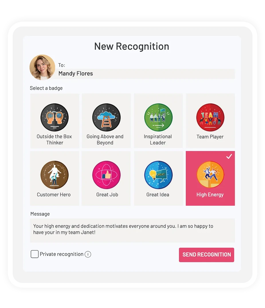 Employee appreciation quotes: Types of employee recognition teamflect recognition module screen with customizable badges inside microsoft teams