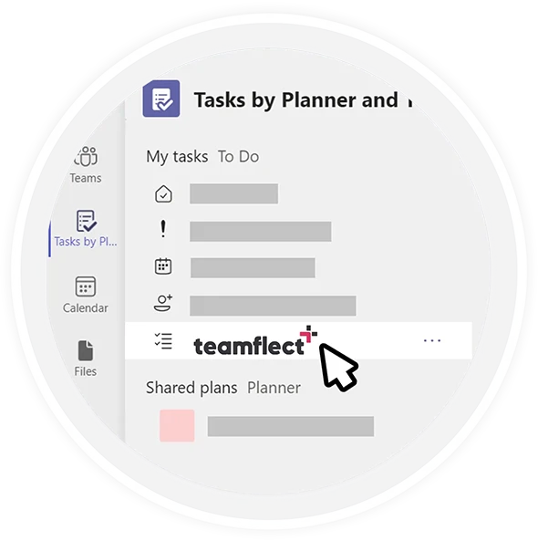 A round image showing Tasks By Planner And To Do screen inside of Microsoft Teams with a magnifier on Teamflect Tasks