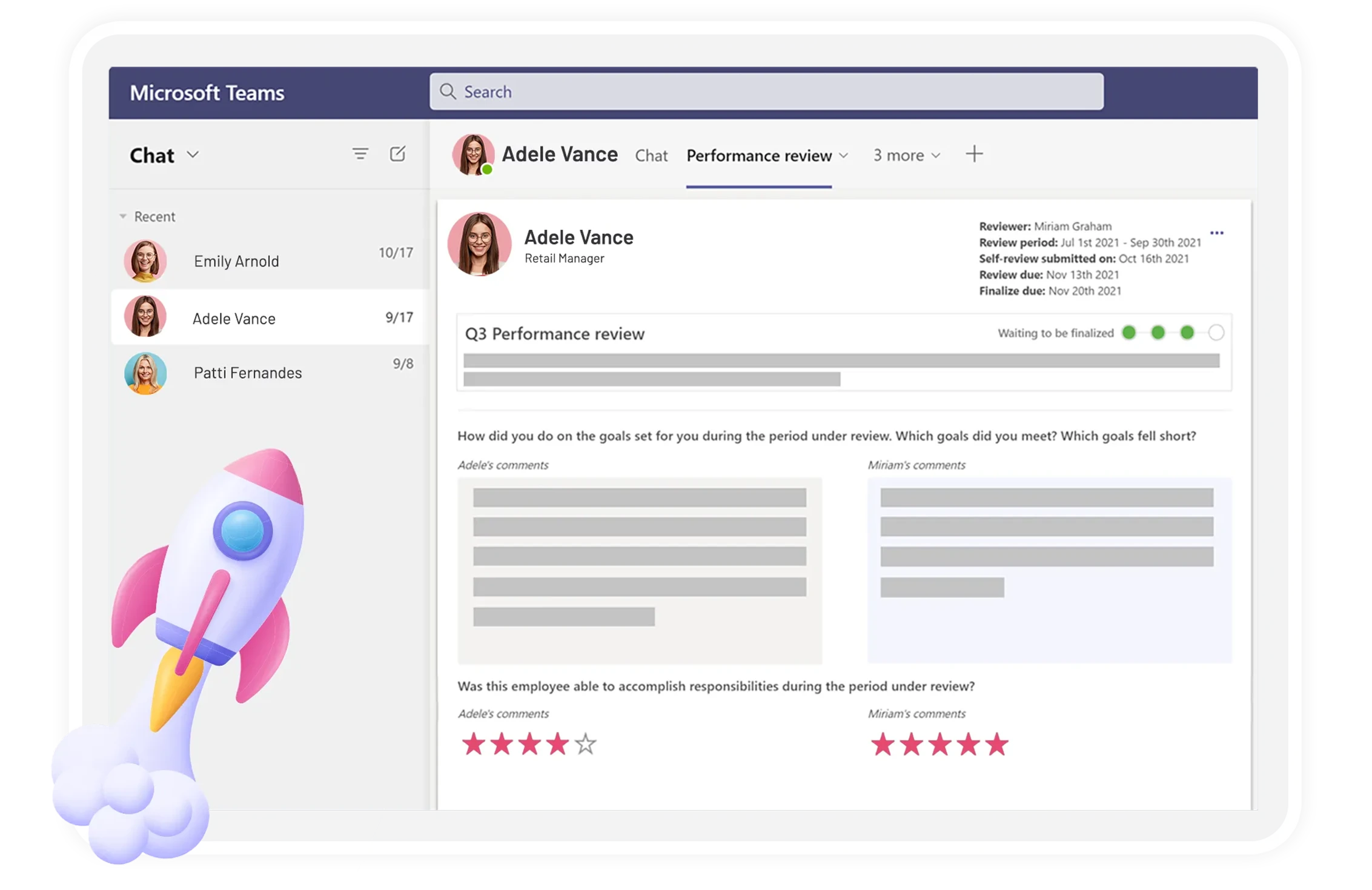 Performance review comments : Teamflect performance reviews example with questions in microsoft teams