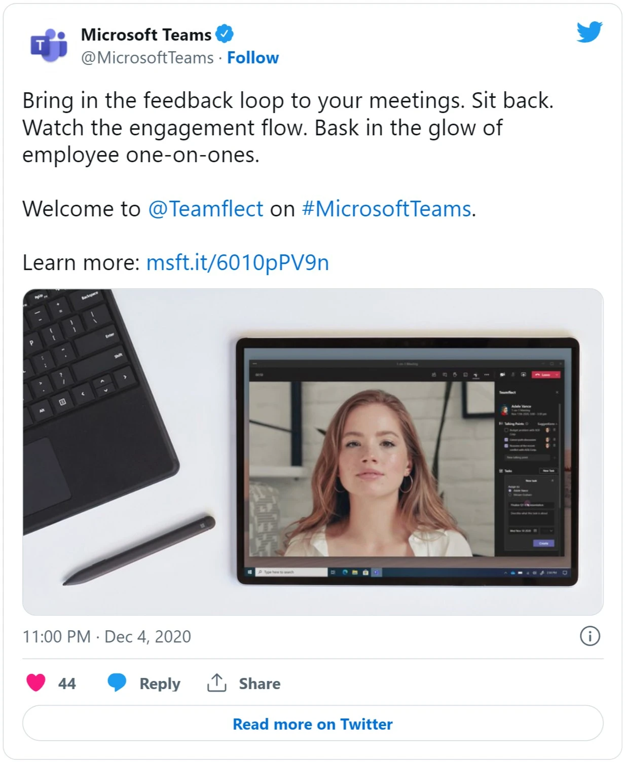 Microsoft Teams official tweet about Teamflect